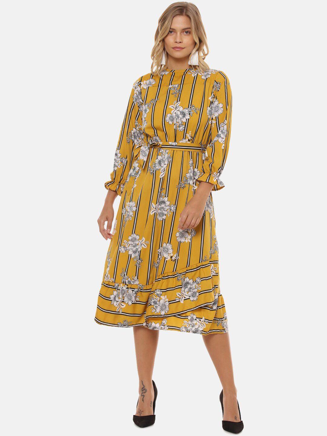 campus sutra women yellow printed fit and flare dress