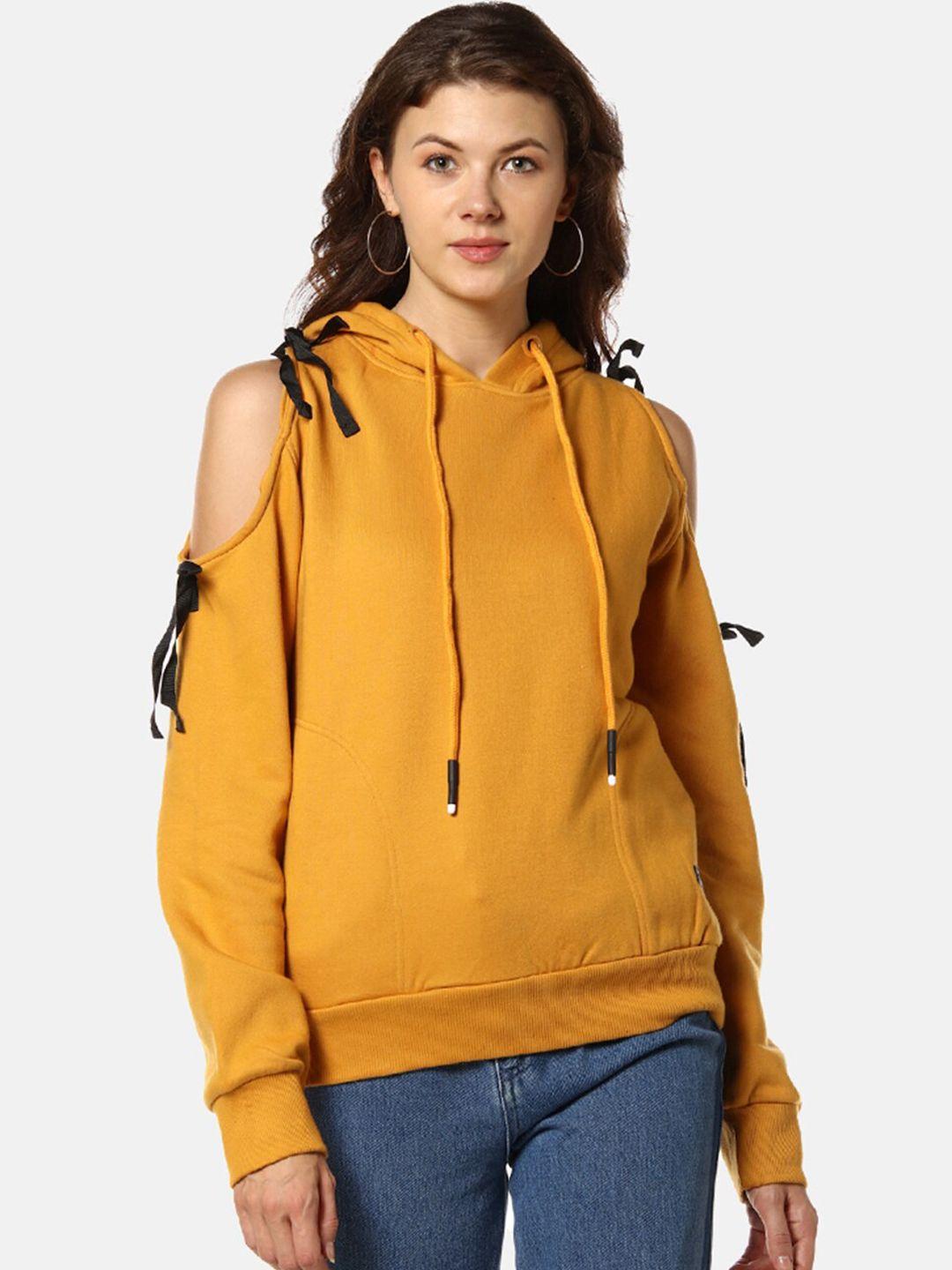 campus sutra women yellow solid hooded sweatshirt