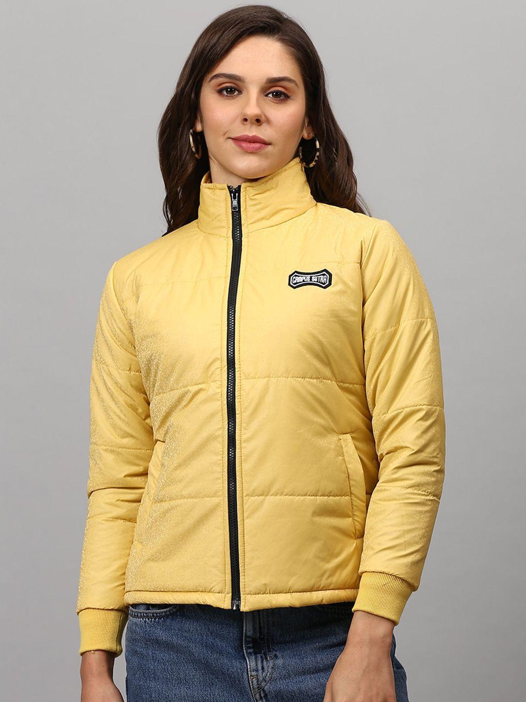 campus sutra women yellow windcheater outdoor padded jacket with patchwork