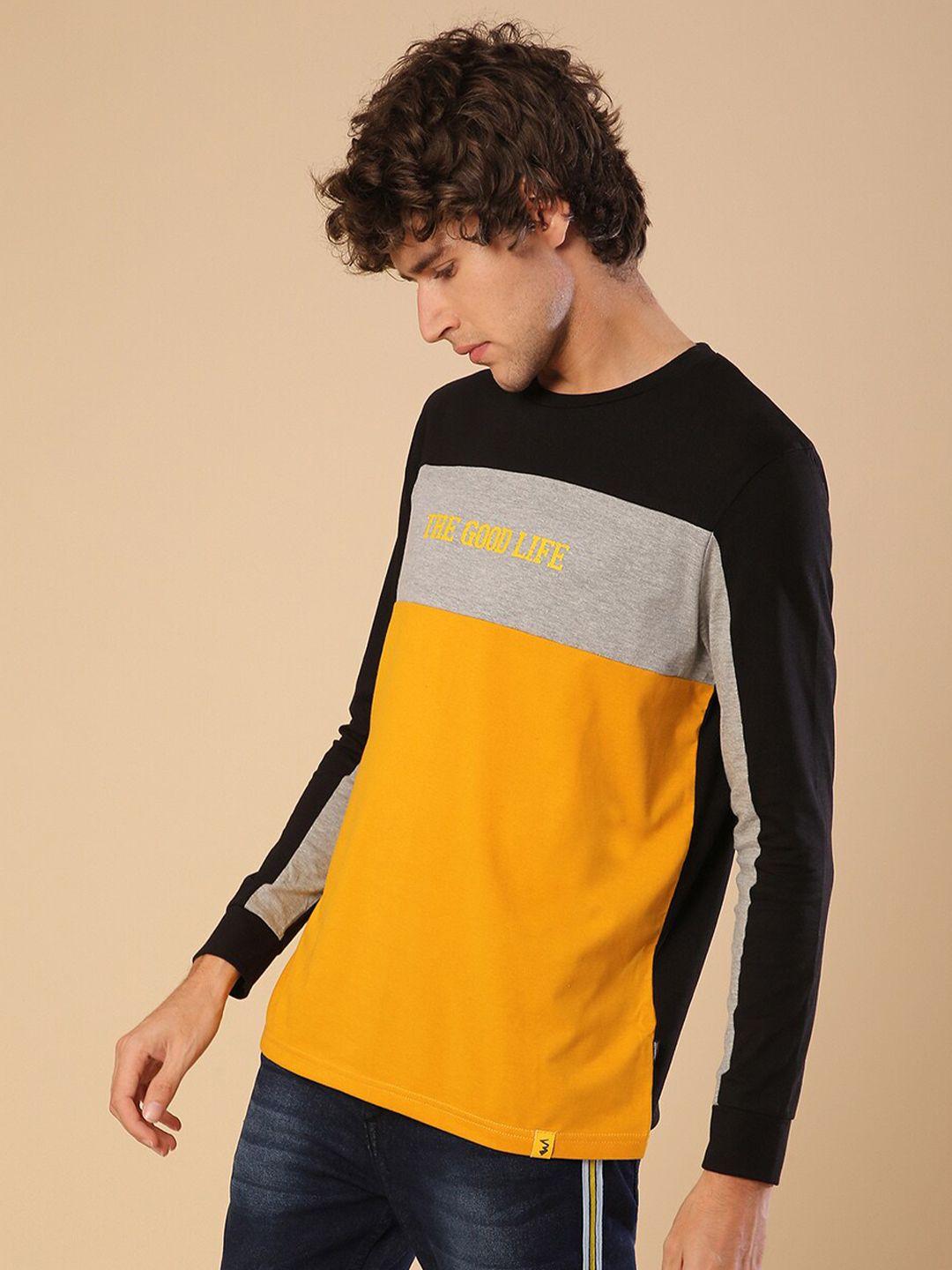 campus sutra yellow & black colourblocked cotton t-shirt