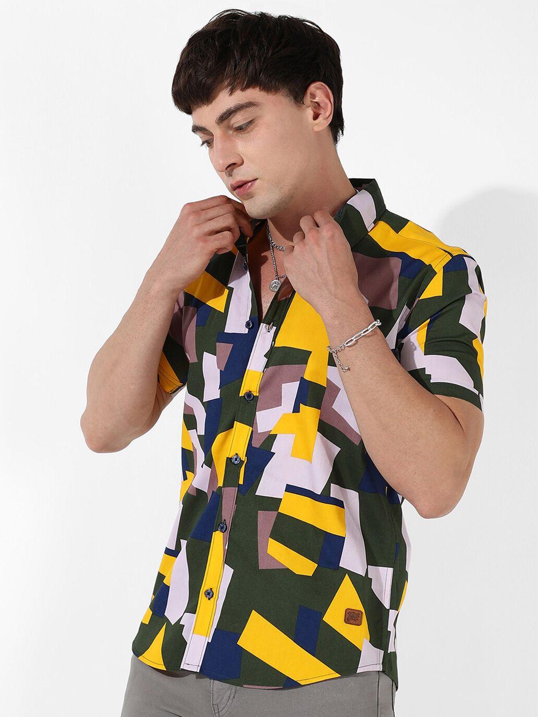 campus sutra yellow classic geometric printed cotton casual shirt