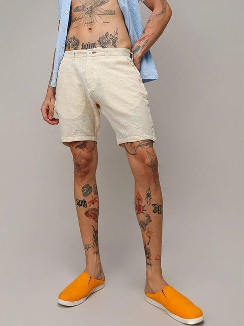 campus sutra yellow regular fit striped shorts