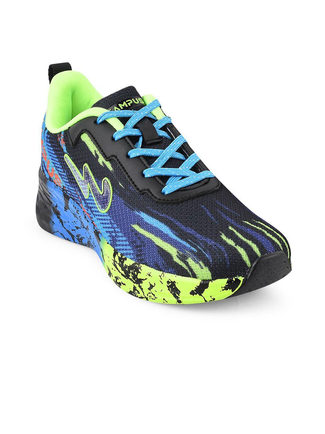 campus women black & fluorescent green printed mesh running shoes