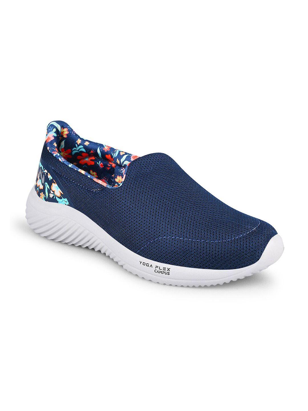 campus women navy blue floral printed slip-on mesh running shoes