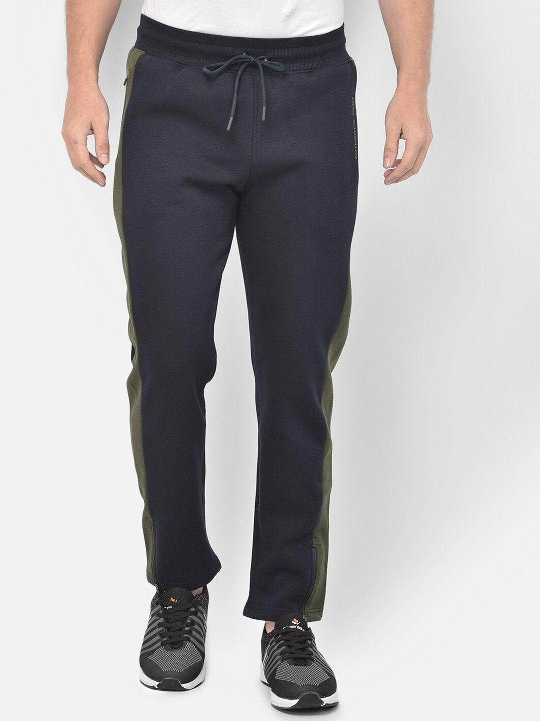 canary london men navy blue & green colourblocked straight-fit pure cotton track pants
