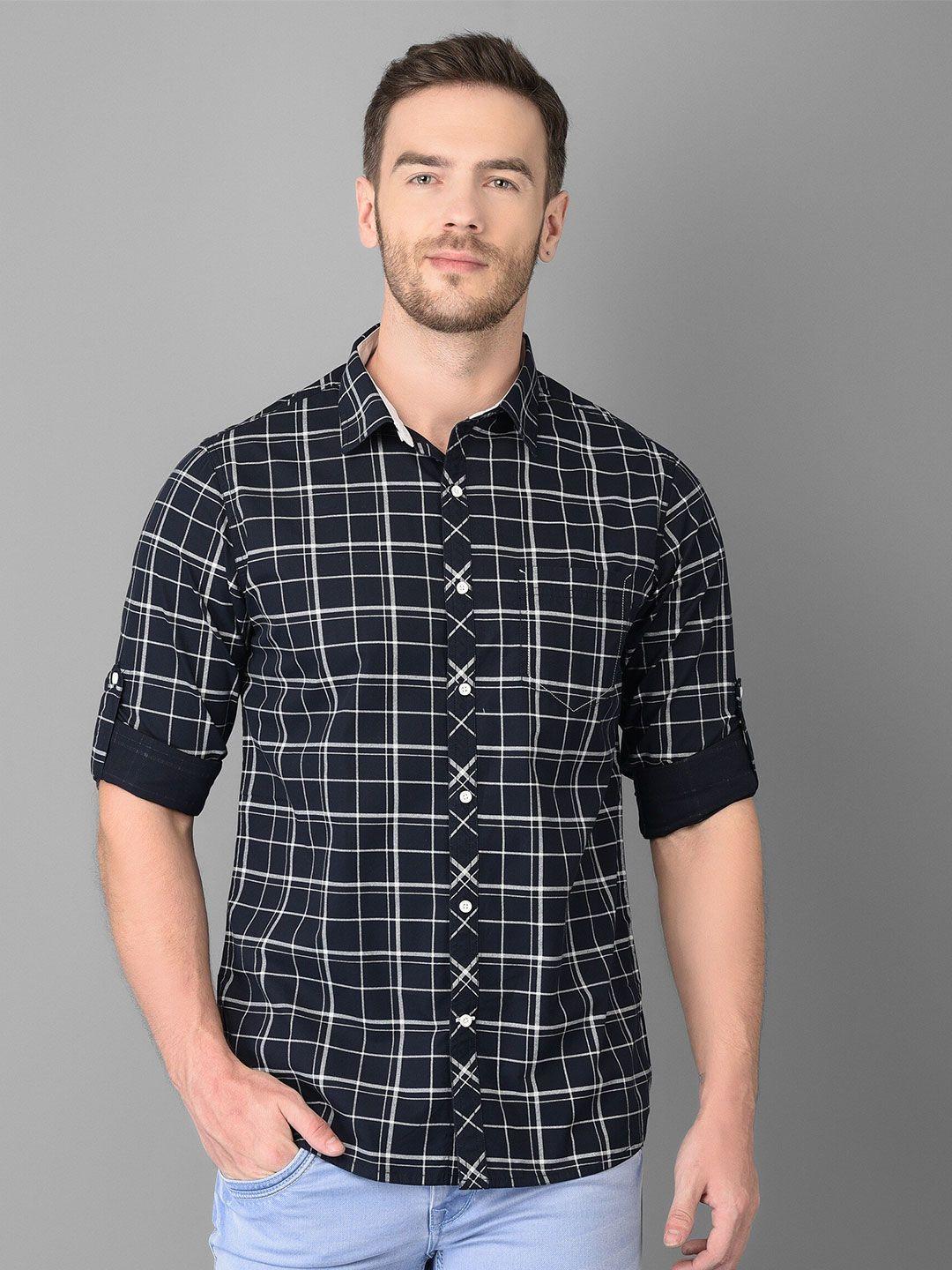 canary london men navy blue & white checked casual shirt