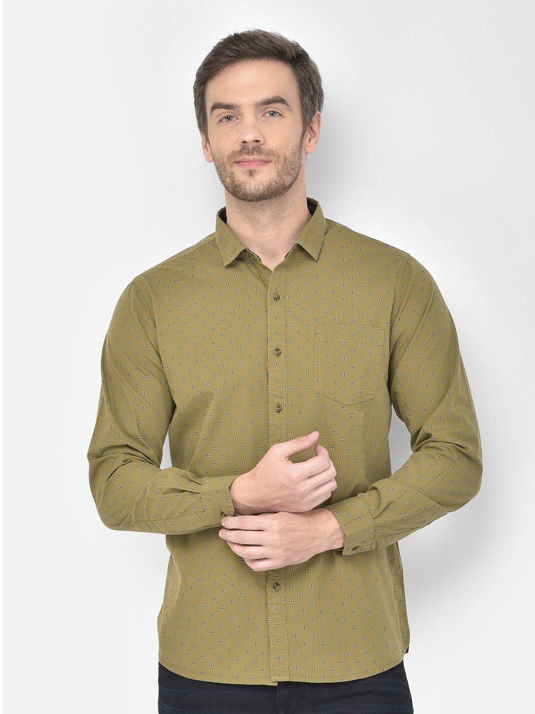 canary london men olive green smart slim fit printed cotton casual shirt