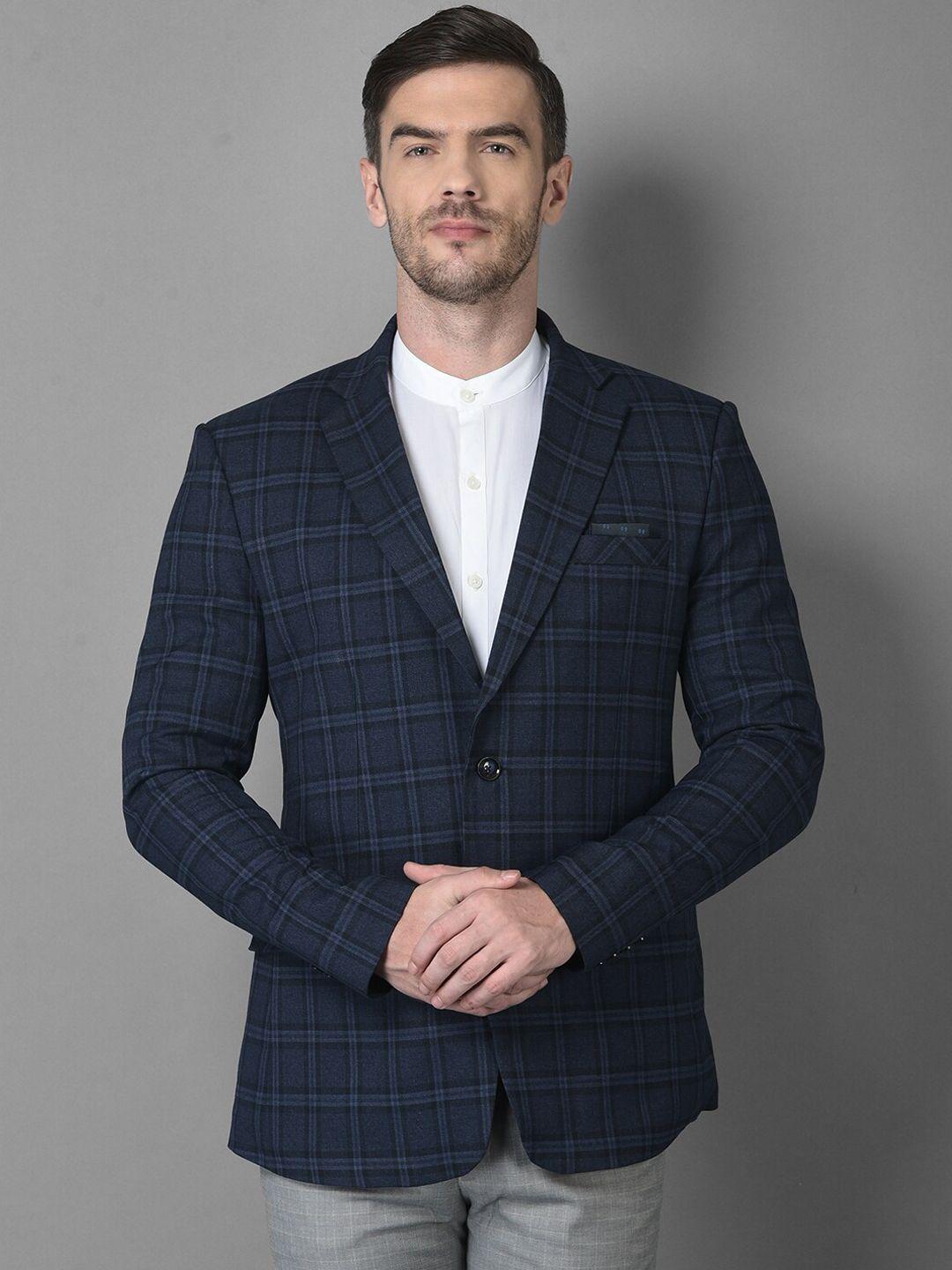 canary london men blue checked slim-fit single-breasted formal blazers