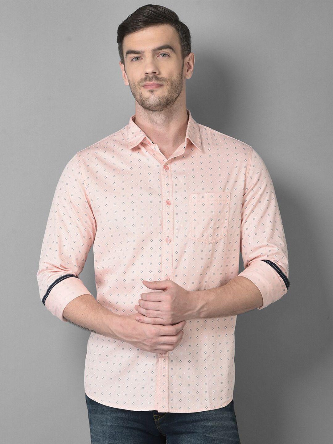 canary london men peach-coloured smart slim fit printed casual shirt