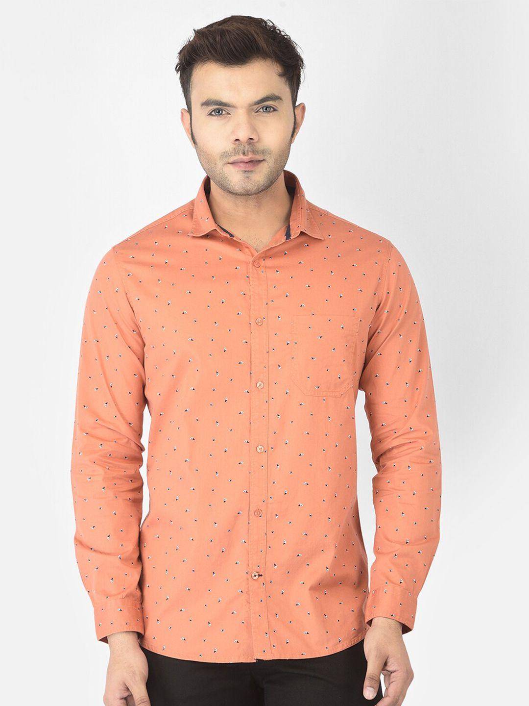 canary london men peach-coloured smart slim fit printed cotton casual shirt
