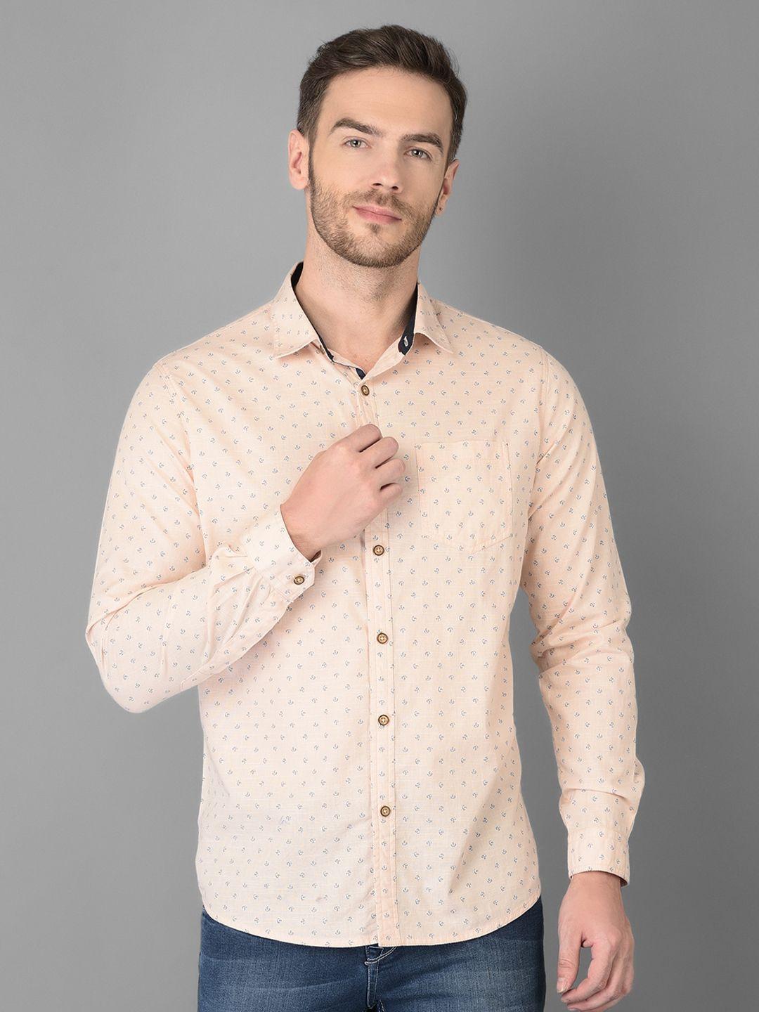 canary london men peach-coloured smart slim fit printed linen casual shirt