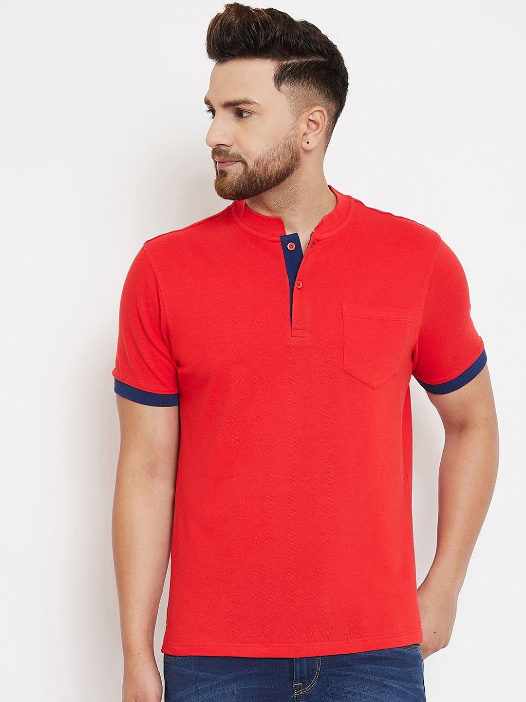 canary london men red solid mandarin collar t-shirt