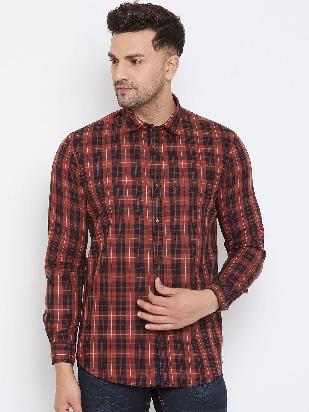 canary london men rust & black slim fit checked casual shirt