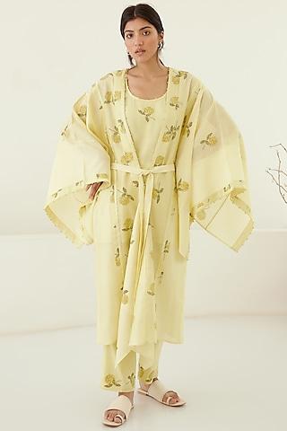 canary yellow chanderi & modal hand block printed kimono set