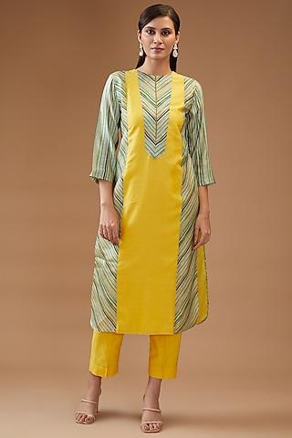 canary yellow chanderi printed kurta set