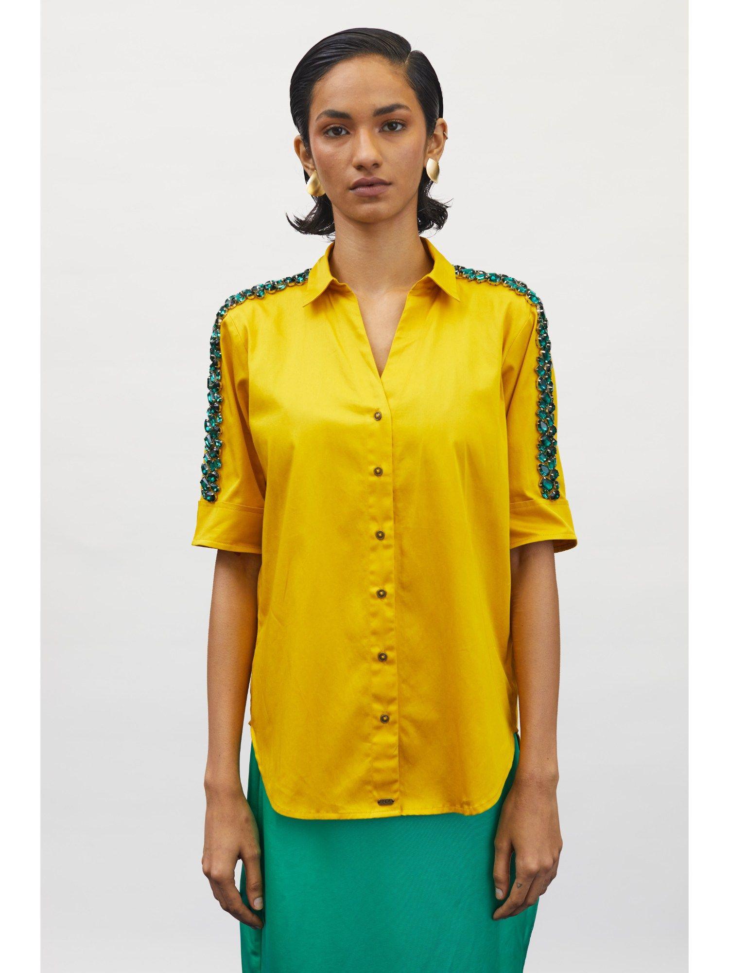 canary yellow emerald swarovski ribbon shirt