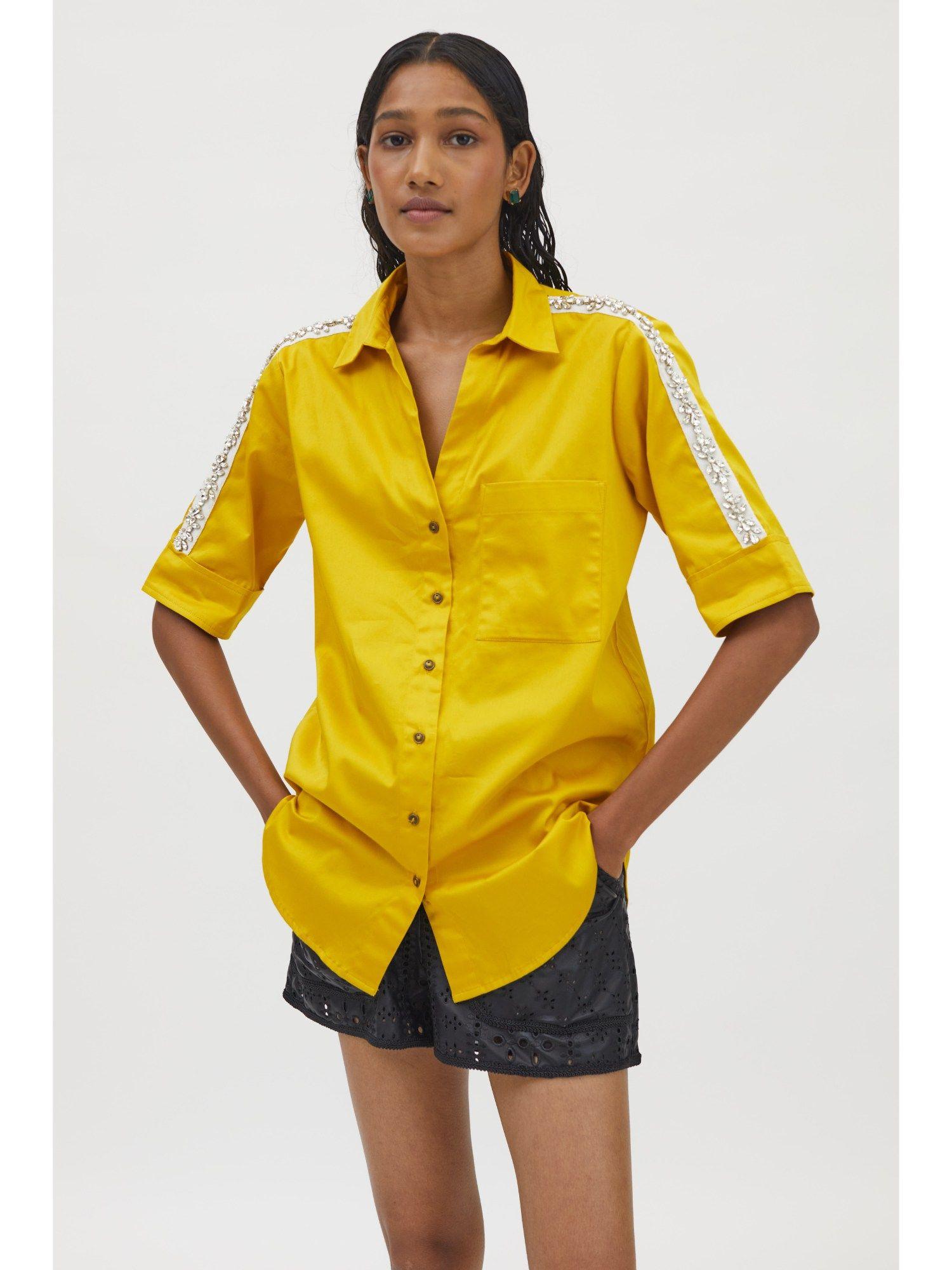 canary yellow flower swarovski ribbon shirt