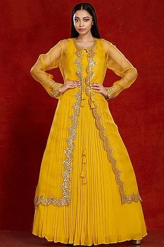canary yellow layered gown with jacket