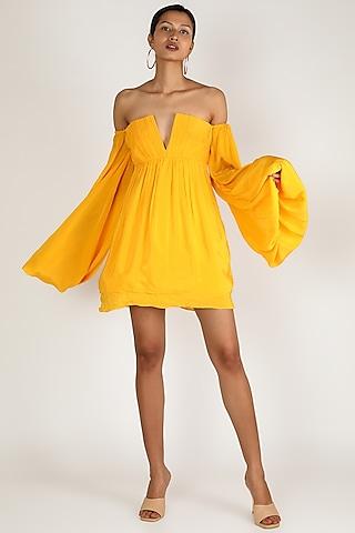 canary yellow off shoulder dress