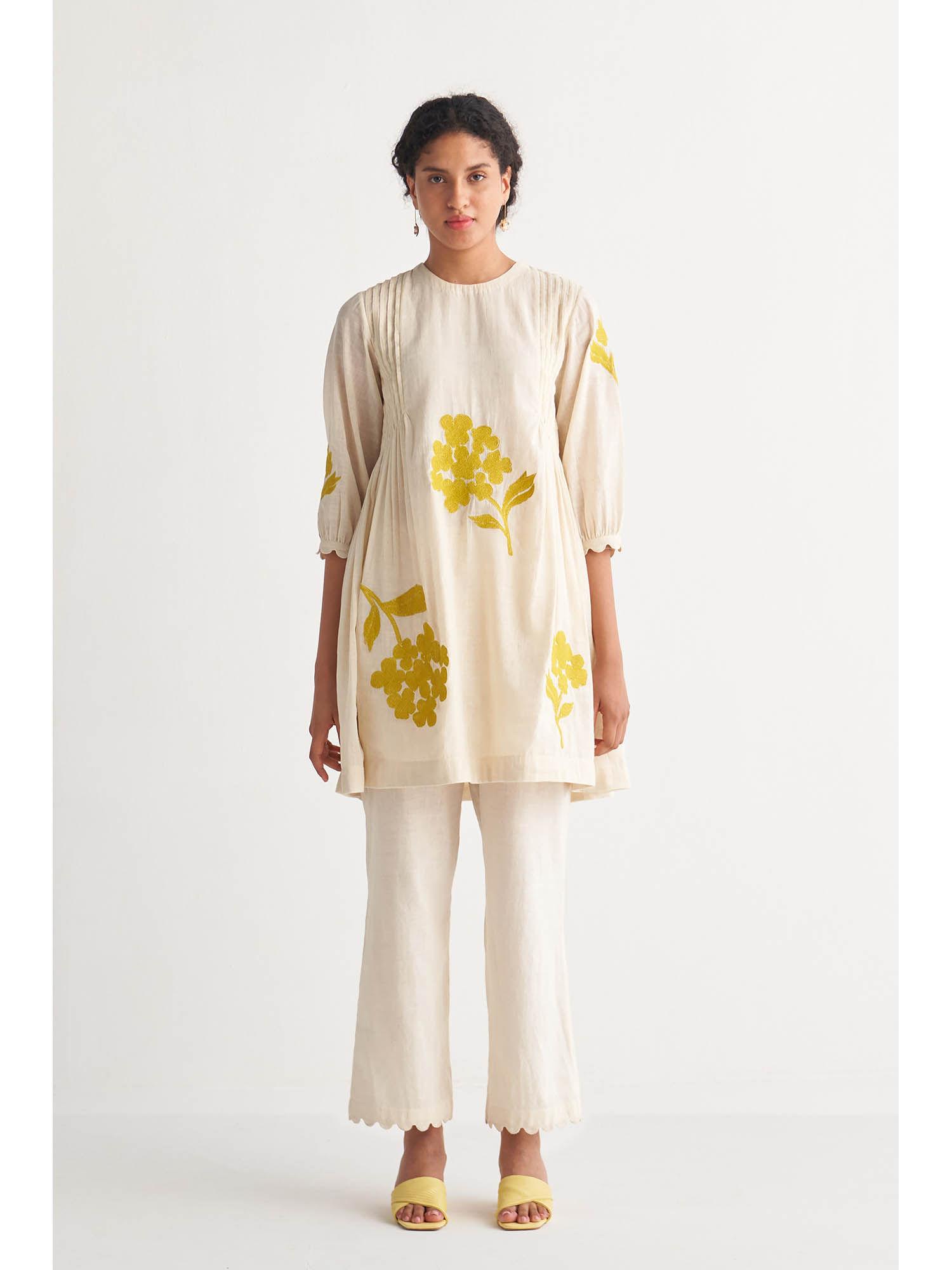 canary yellow pintuck cross-stitch bunch off-white co-ord (set of 2)