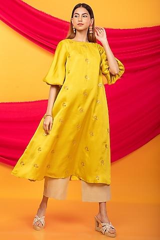 canary yellow silk blend embroidered kurta set