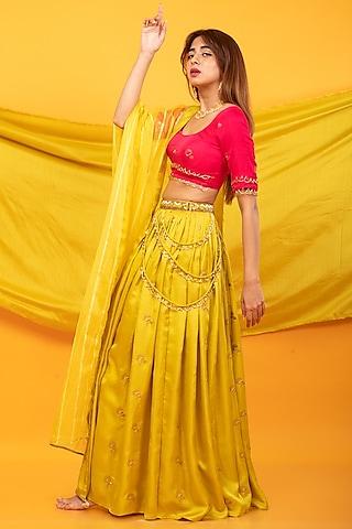 canary yellow silk blend hand embroidered lehenga set