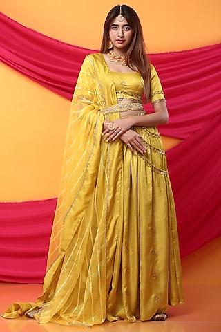 canary yellow silk blend hand embroidered lehenga set