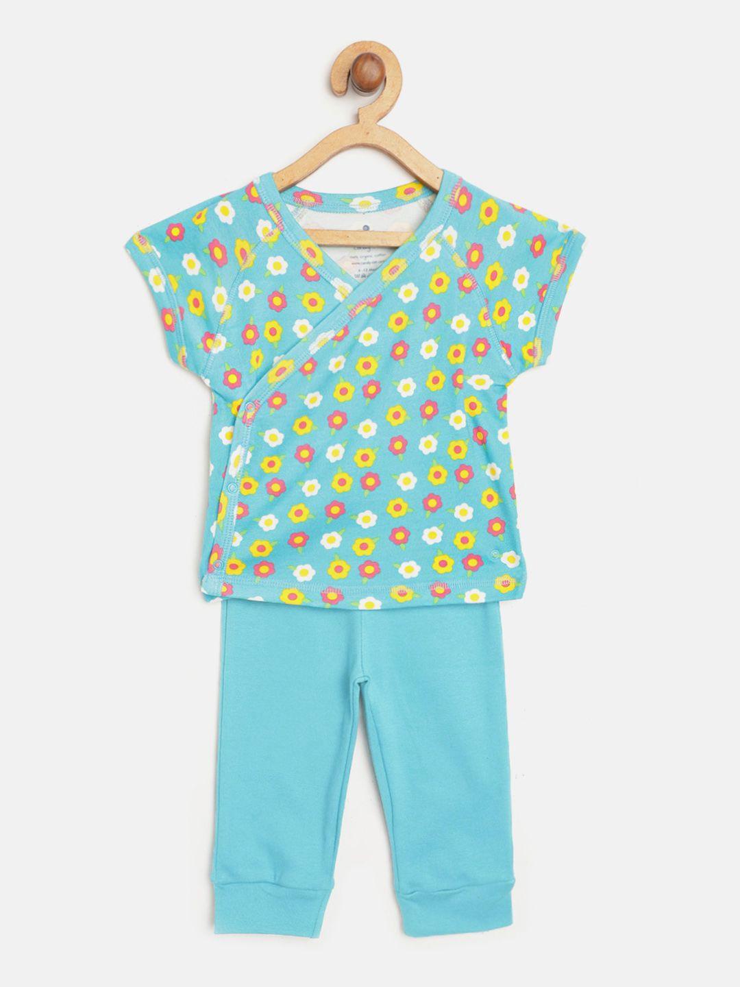 candy cot infant kids blue & yellow floral print organic cotton top & solid joggers