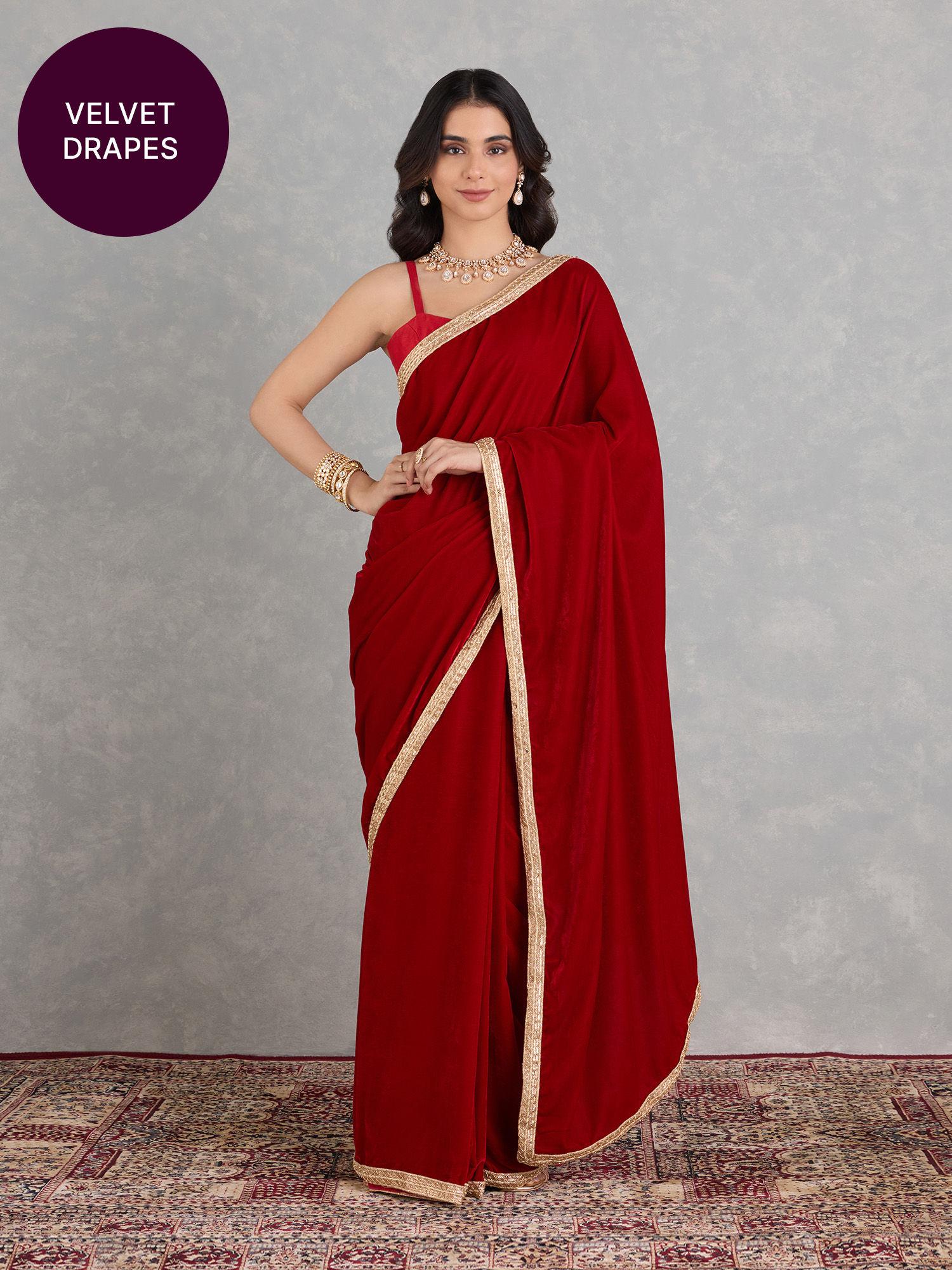 candy apple red velvet solid border lace party saree and unstitched blouse