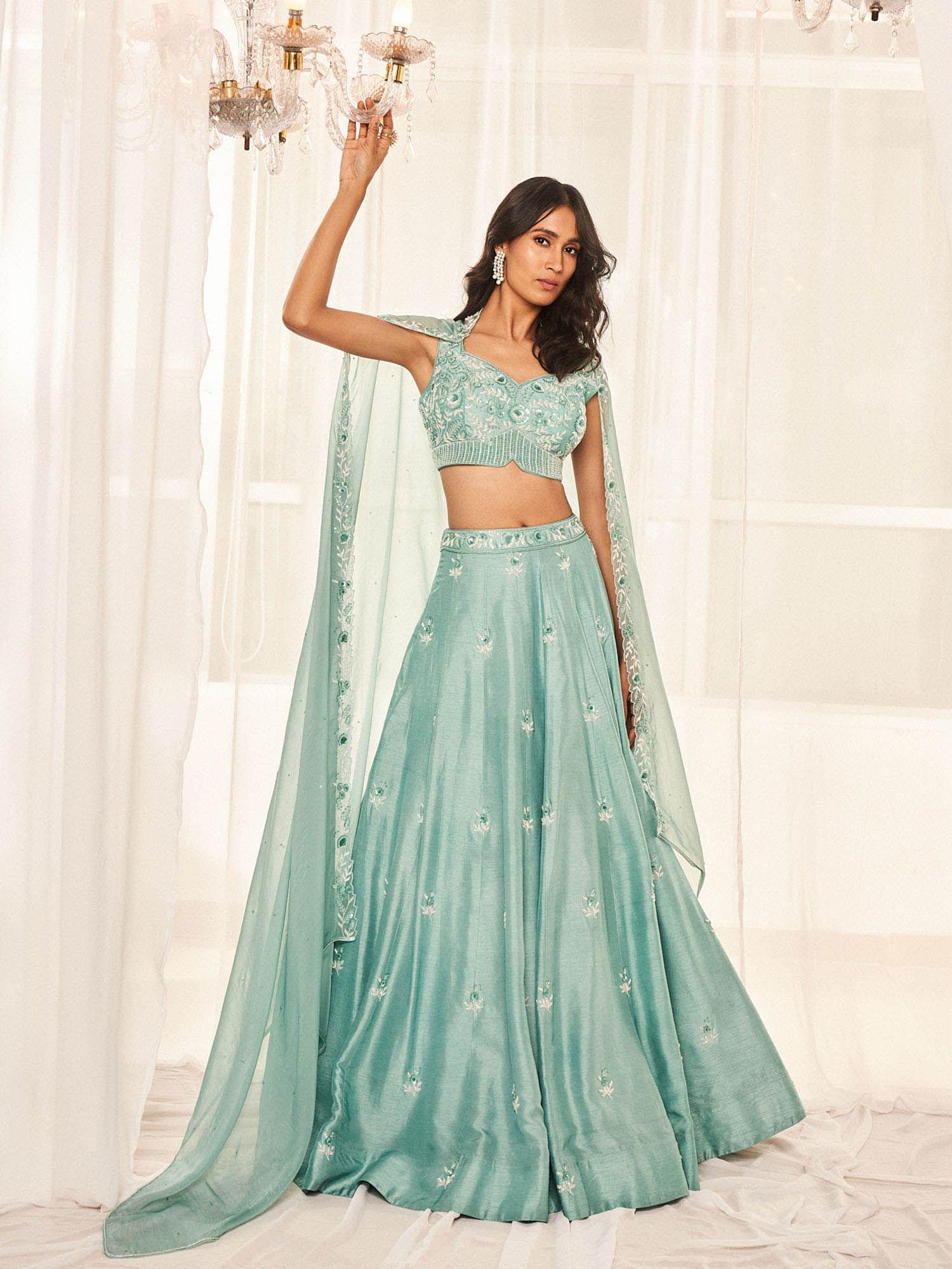 candy blue lehenga with blouse and dupatta (set of 3)
