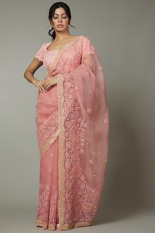 candy floss applique & hand embroidered silk organza saree set
