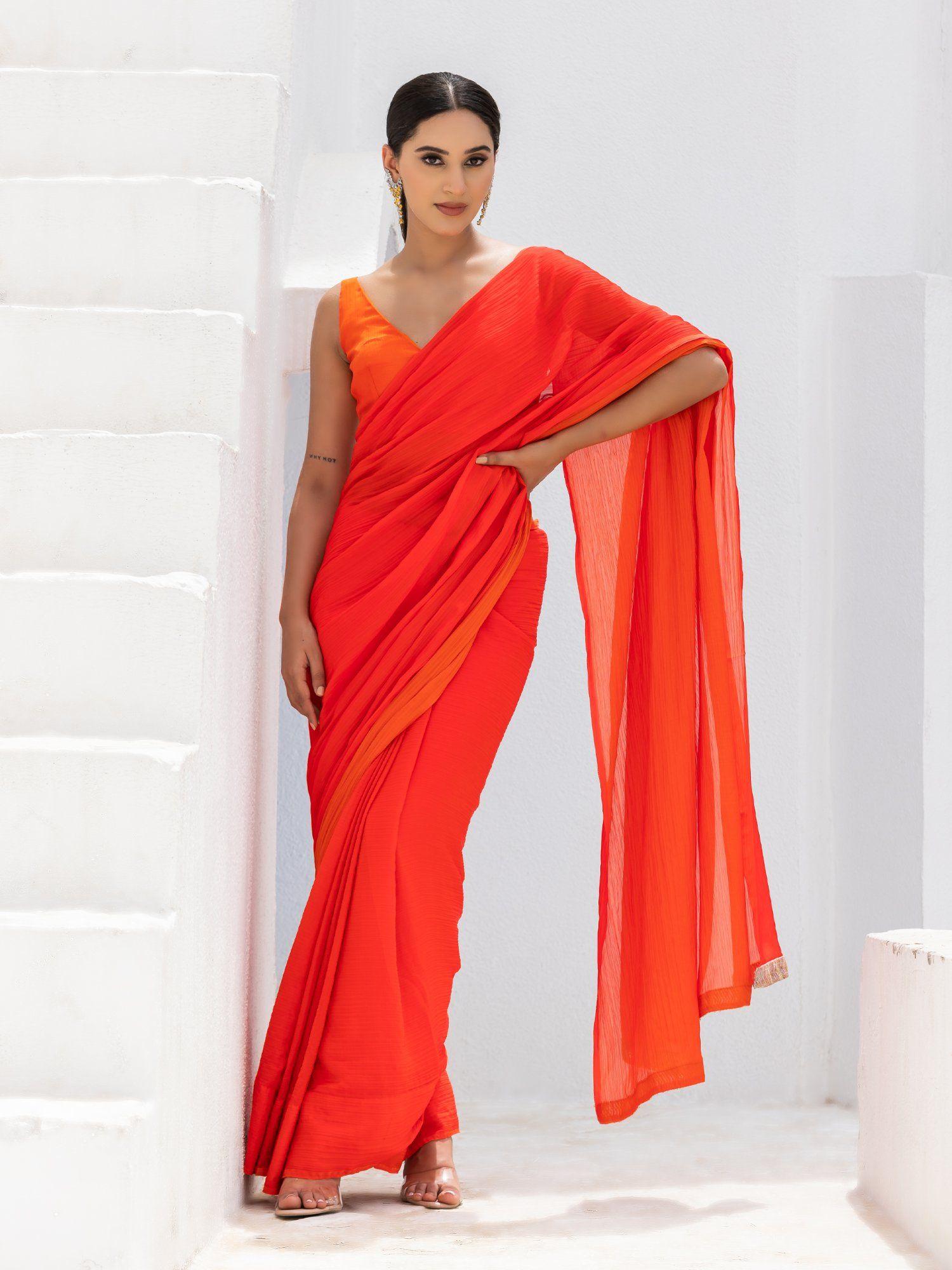 candy orange pure chiffon saree with unstitched blouse