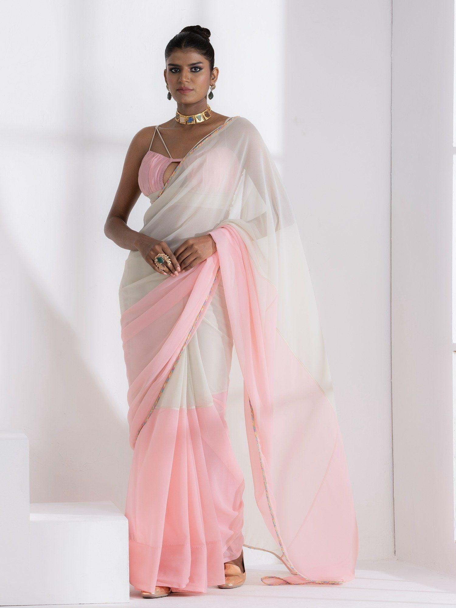 candy pink & matcha fusion georgette saree with unstitched blouse