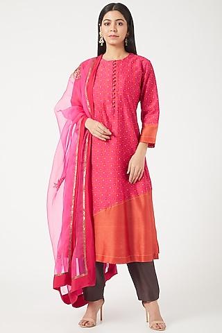 candy pink & orange bandhani printed kurta set