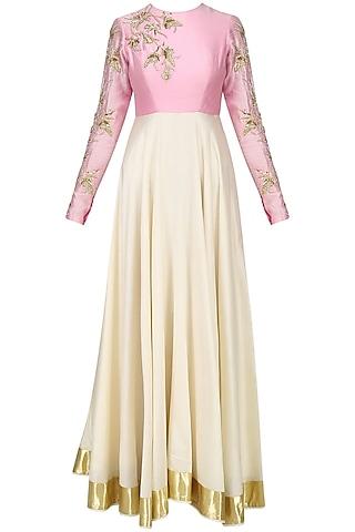 candy pink and cream embroidered anarkali set