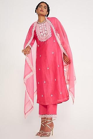 candy pink chanderi silk embroidered kurta set