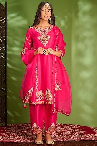 candy pink machine & hand embroidered kurta set