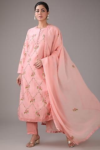 candy pink silk chanderi hand-block printed & zardosi embroidered kurta set