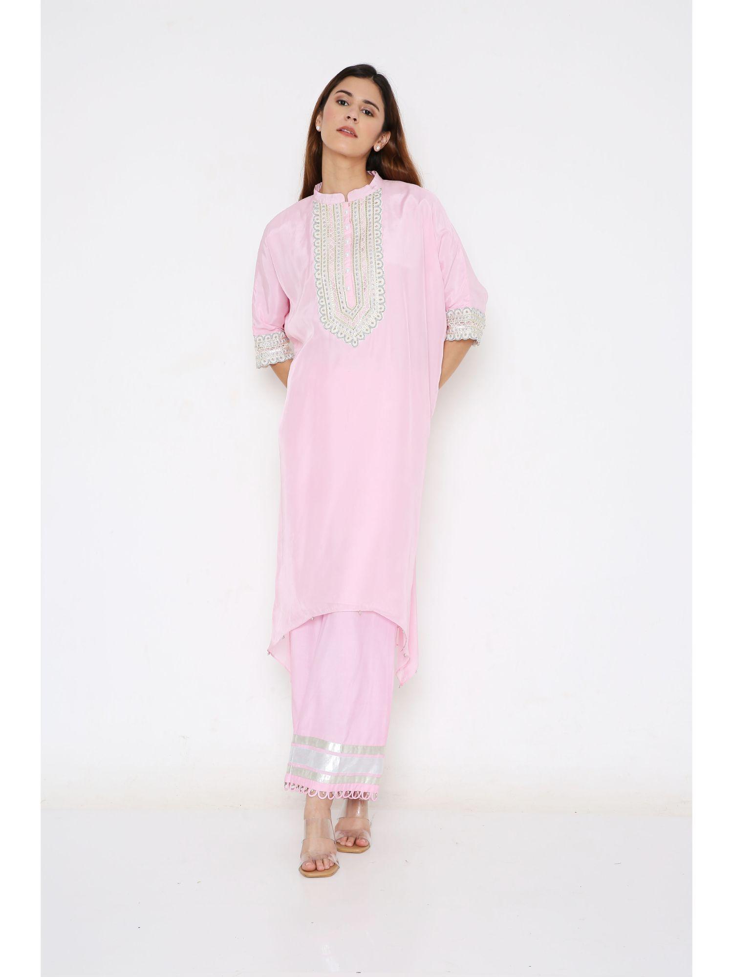candy pink silk embroidered asymmetrical kurta with pant (set of 2)