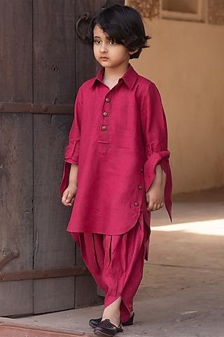 candy-red embroidered pathani kurta set for girls