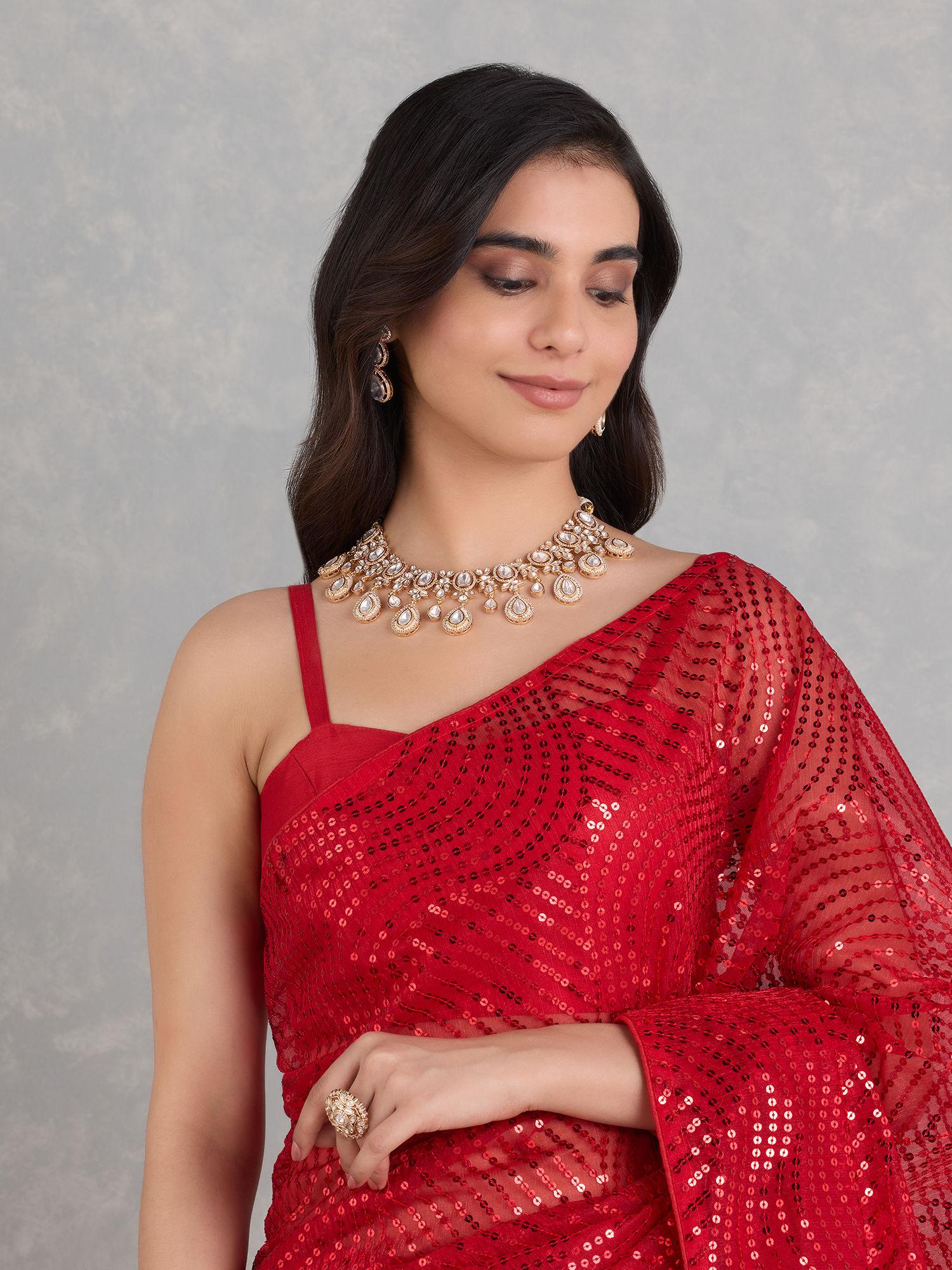 candy red organza embroidered thread work party saree with unstitched blouse