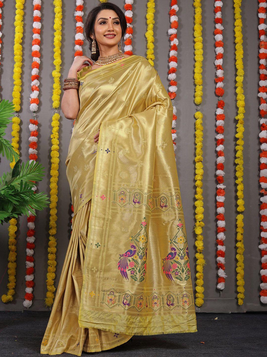 canibani gunmetal-toned & gold-toned woven design zari pure silk paithani saree