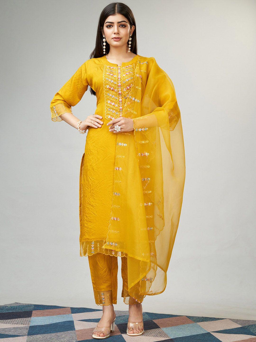 canibani women ethnic motifs embroidered regular thread work kurta with trousers & with dupatta