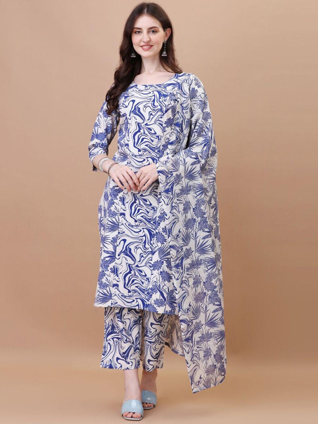 canizzaro women blue regular pure cotton kurta with trousers & with dupatta