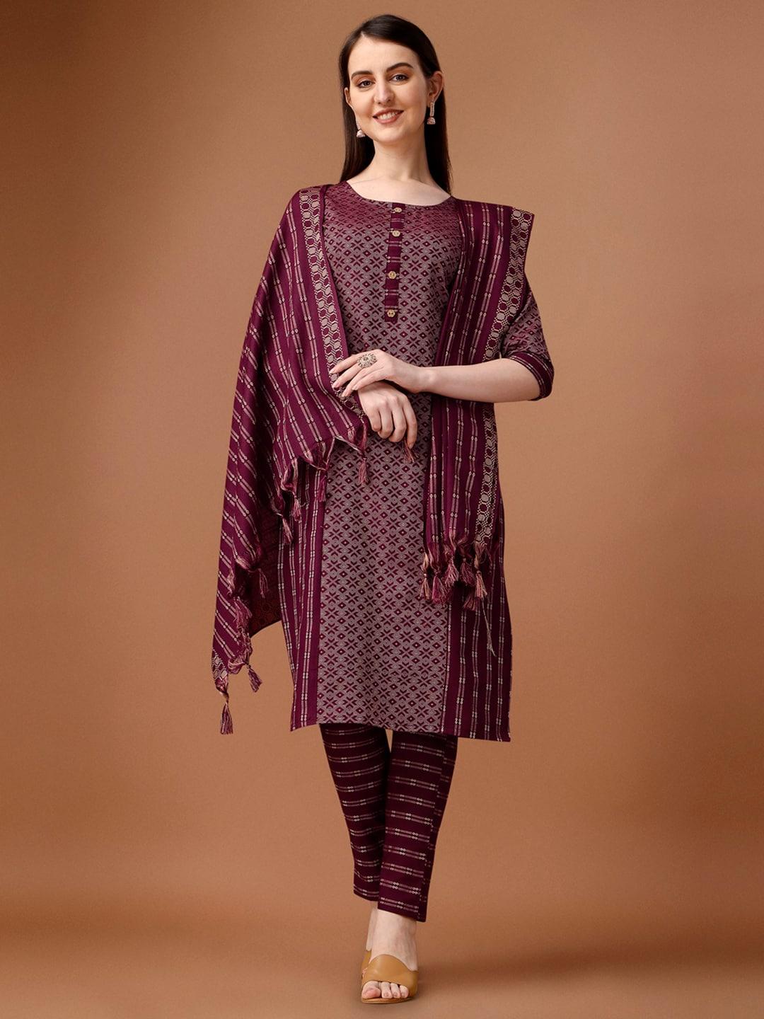 canizzaro women maroon printed regular pure cotton kurta with trousers & with dupatta