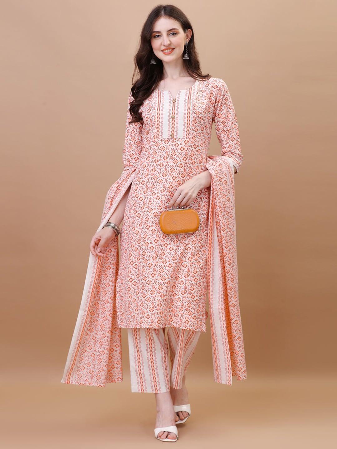 canizzaro women orange ethnic motifs regular pure cotton kurta with trousers & with dupatta