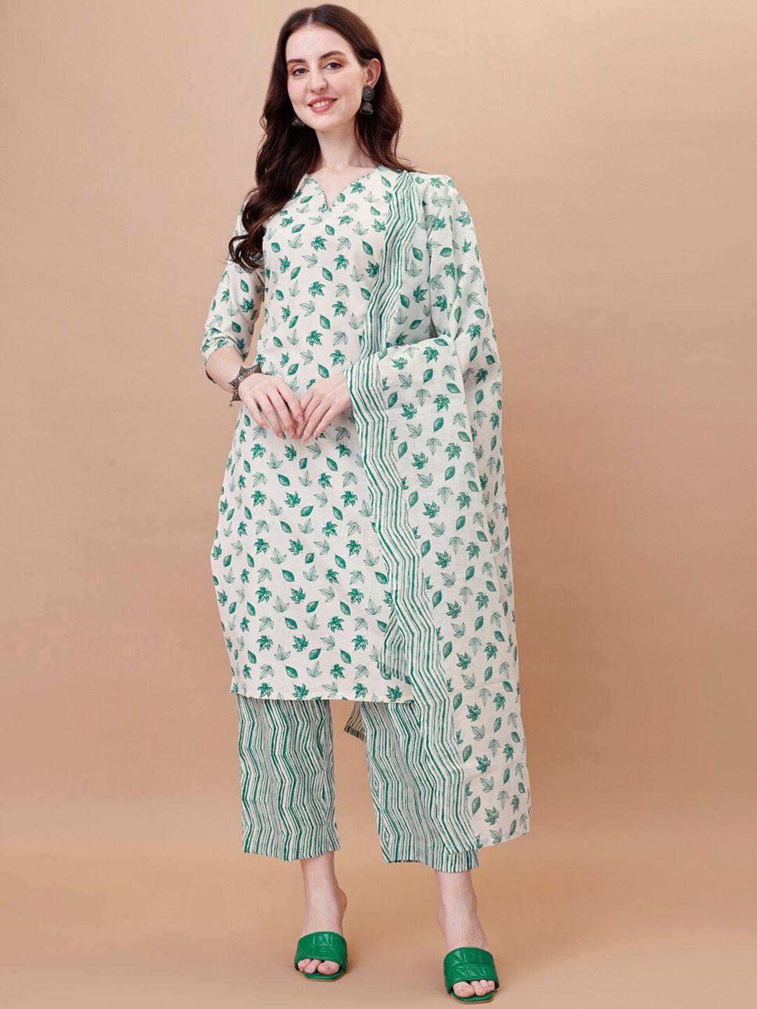 canizzaro women white floral printed regular pure cotton kurta with trousers & with dupatta