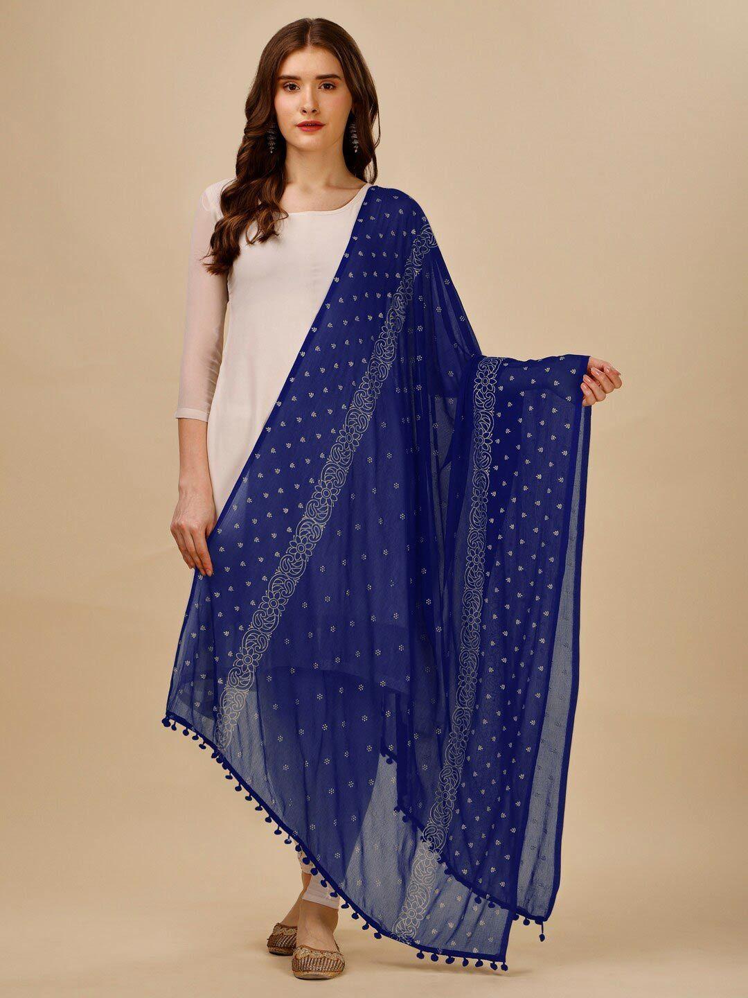 canizzaro ethnic motifs block printed cotton dupatta with pom-pom border