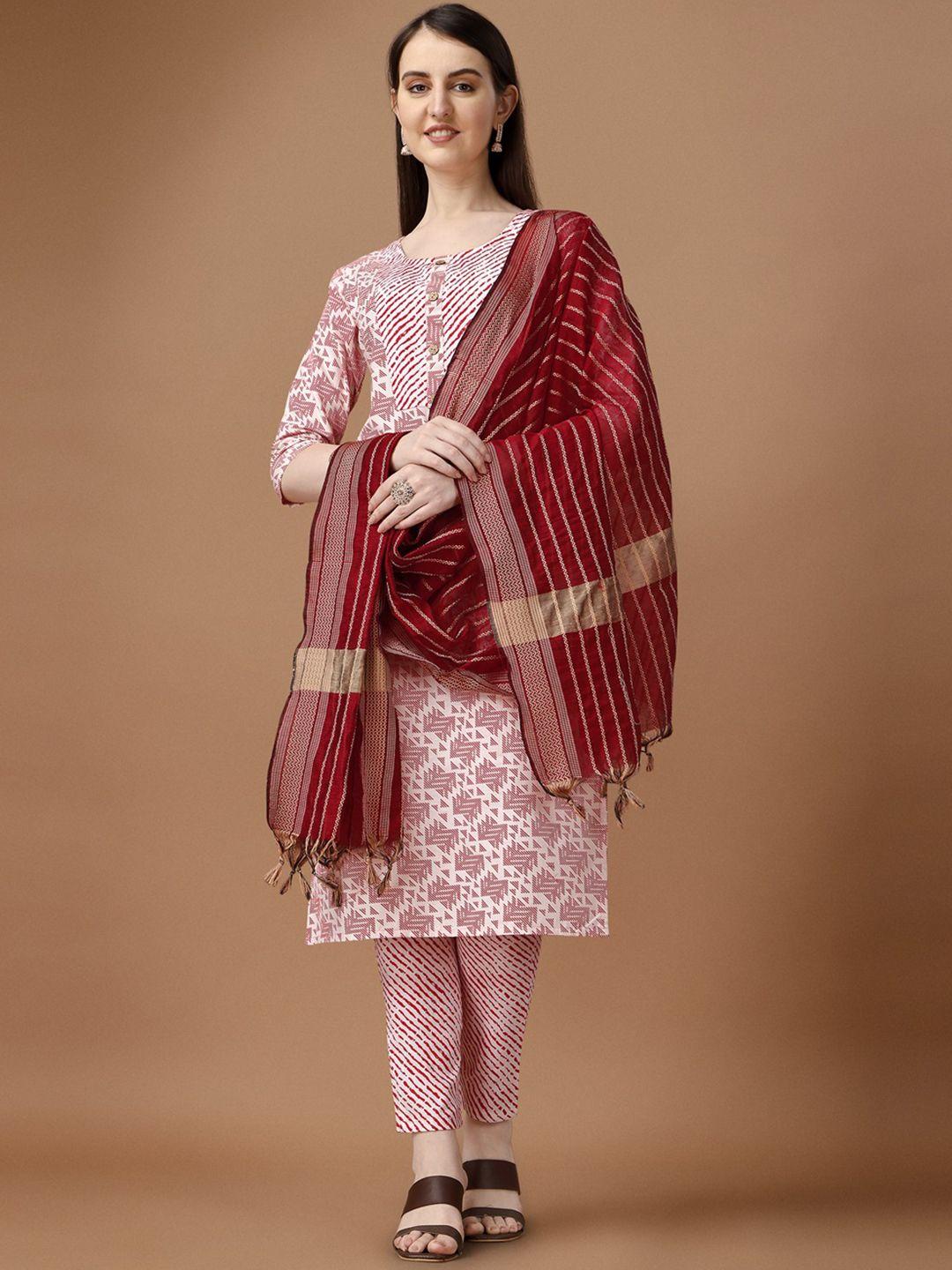 canizzaro geometric woven design round neck cotton straight kurta with trousers dupatta