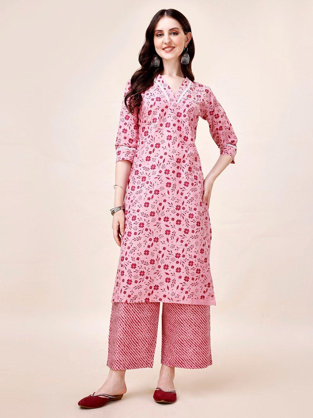 canizzaro women pink floral printed regular pure cotton kurta with palazzos